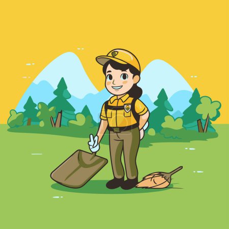Téléchargez les illustrations : Illustration d'un jardinier de bande dessinée portant un uniforme et des gants jaunes - en licence libre de droit