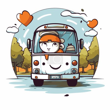 Téléchargez les illustrations : Illustration vectorielle d'un mignon petit garçon conduisant un bus dans le parc - en licence libre de droit