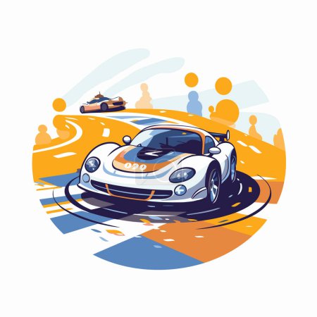Illustration for Sport car racing on the road. Vector illustration in flat style. - Royalty Free Image