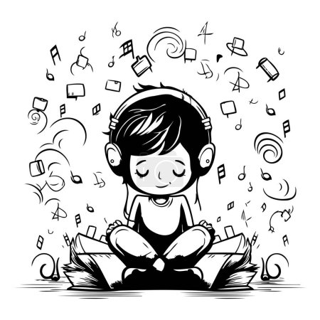 Téléchargez les illustrations : Mignon petit garçon assis en position lotus et écoutant de la musique - en licence libre de droit