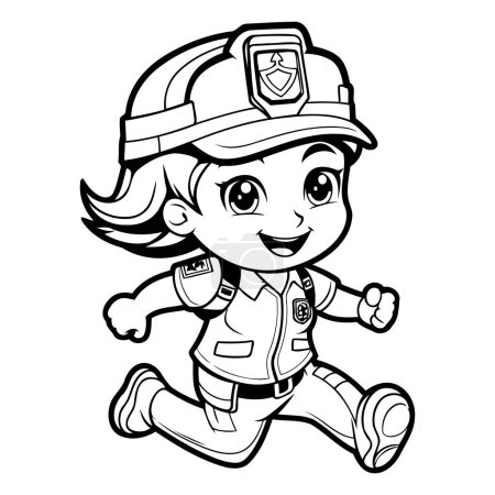 Téléchargez les illustrations : Illustration de bande dessinée en noir et blanc du petit livre de coloriage de fille pompier - en licence libre de droit