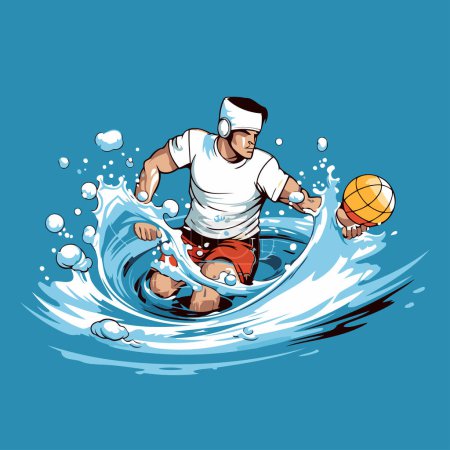 Illustration for Water polo player on the wave. Vector illustration in cartoon style - Royalty Free Image