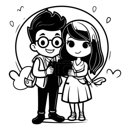Ilustración de Dibujos animados en blanco y negro Ilustración de feliz pareja joven enamorada - Imagen libre de derechos