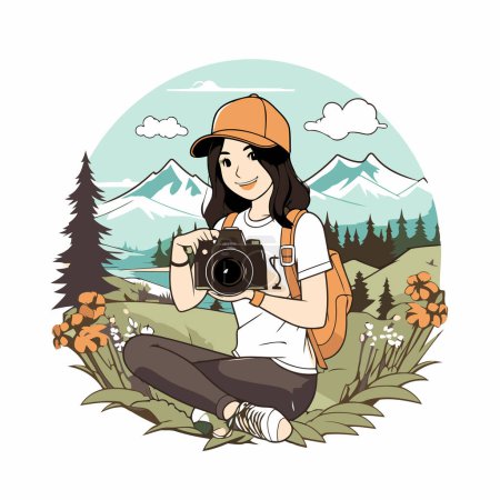 Ilustración de Chica viajera con cámara en las montañas. Ilustración vectorial en estilo de dibujos animados. - Imagen libre de derechos