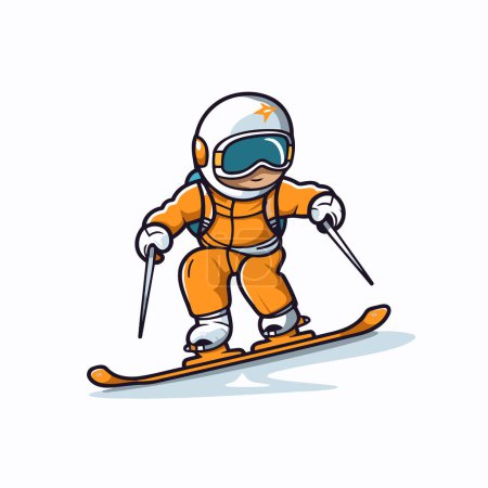 Téléchargez les illustrations : Cartoon skieur en costume orange sur les skis. Illustration vectorielle. - en licence libre de droit