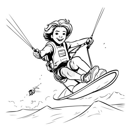 Ilustración de Kiteboarder en el agua. Ilustración vectorial en blanco y negro. - Imagen libre de derechos