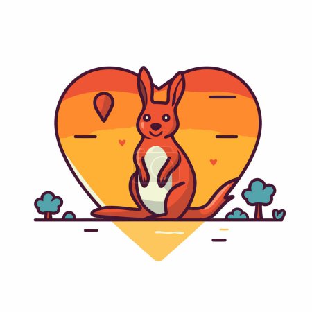 Illustration for Cute kangaroo sitting on the heart. Vector illustration in thin line style. - Royalty Free Image