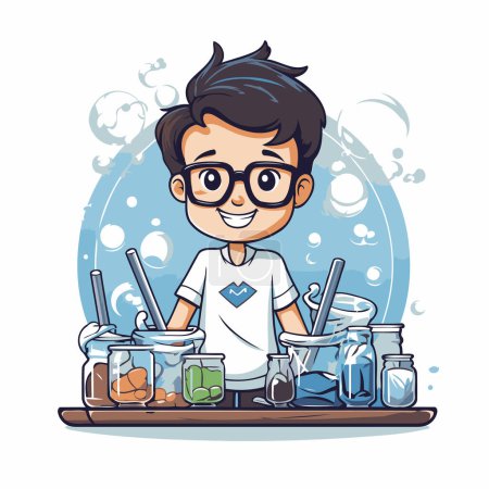 Illustration for Cute boy with glasses making science experiments. Vector cartoon illustration. - Royalty Free Image