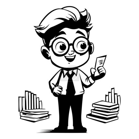 Illustration for Funny nerd boy with books and glasses. Vector cartoon illustration. - Royalty Free Image
