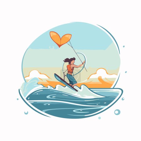 Illustration for Vector illustration of a woman on a surfboard in the sea. - Royalty Free Image