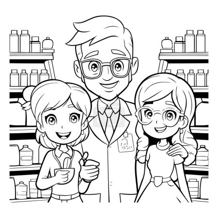 Ilustración de Dibujos animados en blanco y negro ilustración de padre e hija en la farmacia - Imagen libre de derechos