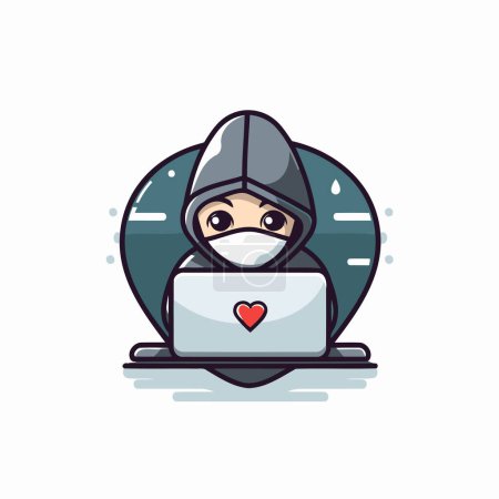 Illustration for Hacker with laptop and heart. Vector illustration. Flat design. - Royalty Free Image