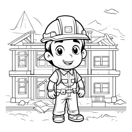 Téléchargez les illustrations : Illustration de dessin animé noir et blanc d'un ouvrier de la construction ou d'un constructeur pour un livre à colorier - en licence libre de droit