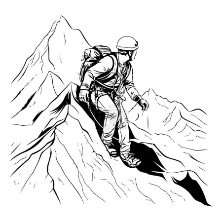 Ilustración de Caminante en la montaña. Ilustración vectorial en colores blanco y negro - Imagen libre de derechos