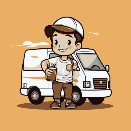 Illustration for Cute boy with delivery van. Vector illustration of a cartoon character. - Royalty Free Image