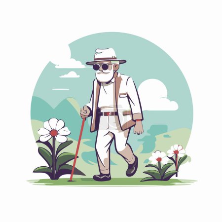 Téléchargez les illustrations : Vieil homme avec bâton de marche et fleurs. Illustration vectorielle dans le style dessin animé. - en licence libre de droit