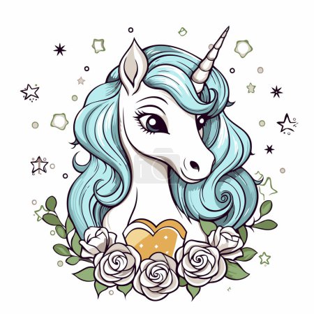 Ilustración de Unicornio con corazón y rosas. Ilustración vectorial en estilo de dibujos animados. - Imagen libre de derechos