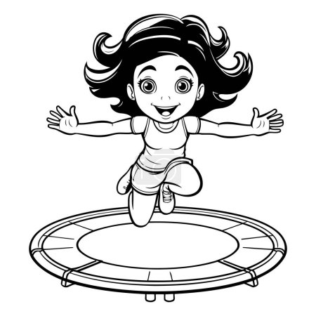 Ilustración de Niña saltando en un trampolín. Ilustración vectorial en blanco y negro. - Imagen libre de derechos