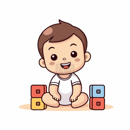 Téléchargez les illustrations : Mignon petit garçon jouant avec des blocs jouet vectoriel illustration eps 10 - en licence libre de droit