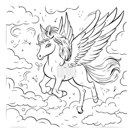 Ilustración de Unicornio volando en el cielo con nubes. ilustración en blanco y negro para colorear libro - Imagen libre de derechos