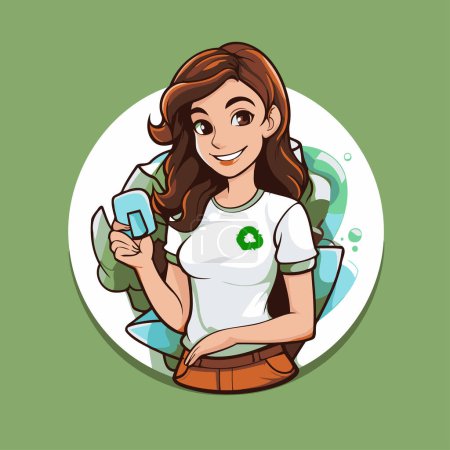 Illustration for Girl holding a cell phone. Vector illustration in cartoon style on green background. - Royalty Free Image