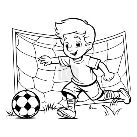 Téléchargez les illustrations : Garçon jouant au football illustration vectorielle noir et blanc pour livre à colorier. - en licence libre de droit