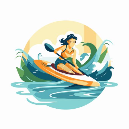 Téléchargez les illustrations : Femme pagayant sur un kayak. Illustration vectorielle en style plat - en licence libre de droit