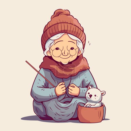 Téléchargez les illustrations : Illustration vectorielle d'une vieille femme avec un chat dans les mains. - en licence libre de droit