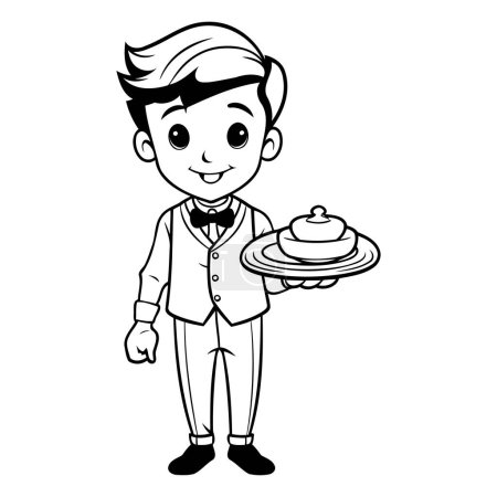 Illustration for Handsome waiter holding tray with food cartoon vector illustration graphic design - Royalty Free Image