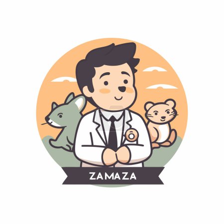 Téléchargez les illustrations : Zoo zoo. Illustration vectorielle d'un homme en manteau blanc avec un chien et un chat - en licence libre de droit
