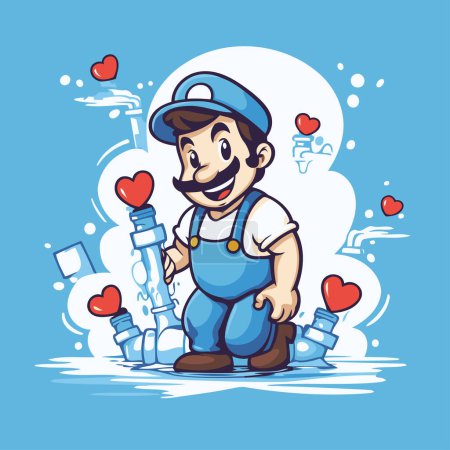 Téléchargez les illustrations : Illustration d'un plombier de dessin animé avec des tuyaux d'eau en forme de coeur - en licence libre de droit