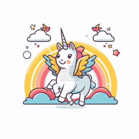 Ilustración de Unicornio con arco iris y nubes. Ilustración vectorial en estilo de dibujos animados. - Imagen libre de derechos