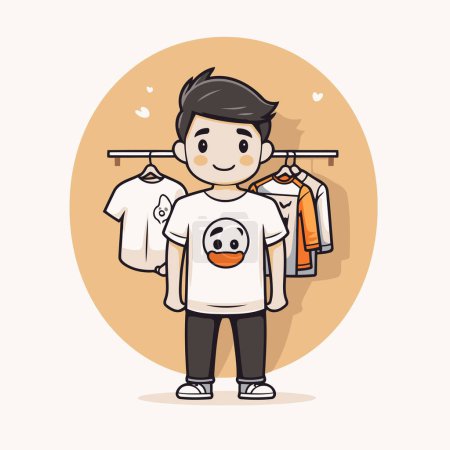 Cute little boy with clothes on hangers. Vector illustration.