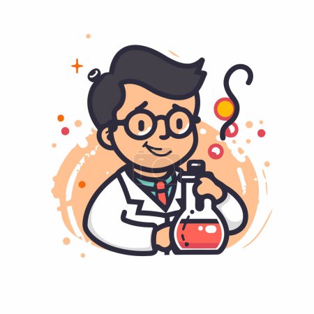 Illustration for Scientist with chemical flask and question mark. Vector illustration in flat style - Royalty Free Image