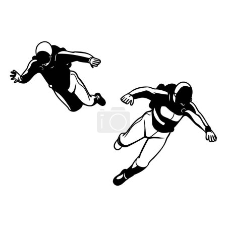 Astronaut jumping. Black and white vector illustration isolated on white background