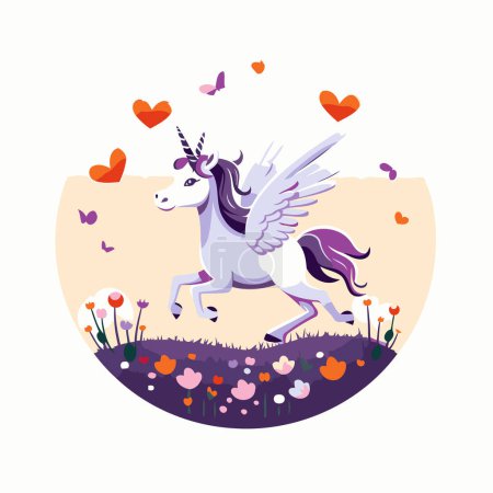 Ilustración de Ilustración vectorial unicornio. Lindo unicornio de dibujos animados con alas. Flores. corazones. - Imagen libre de derechos
