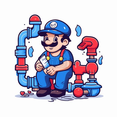 Illustration for Plumber with a pipe in his hand. Cartoon vector illustration. - Royalty Free Image