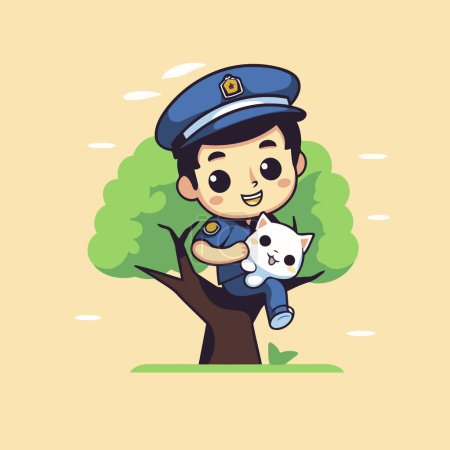 Téléchargez les illustrations : Mignon policier de dessin animé avec un chat sur un arbre. Illustration vectorielle - en licence libre de droit