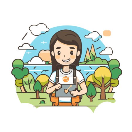 Ilustración de Mujer joven usando tableta en el parque. Diseño plano vector ilustración. - Imagen libre de derechos