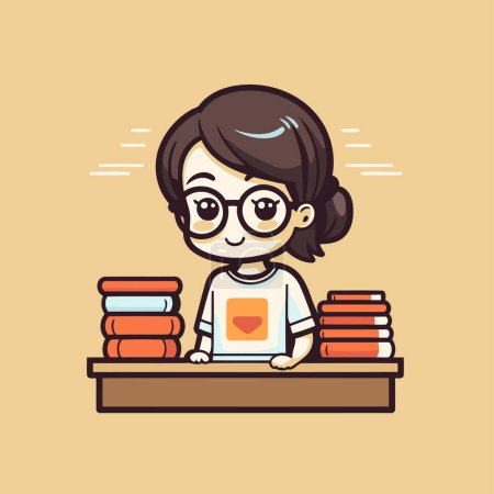 Illustration for Cute little girl with glasses sitting at the bookshelf vector illustration - Royalty Free Image