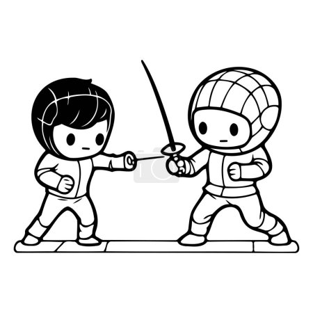 Illustration for Fencing. Boy and girl. Black and white vector illustration. - Royalty Free Image