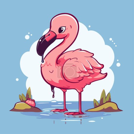 Illustration for Pink flamingo in the water. Vector illustration. Cartoon style. - Royalty Free Image