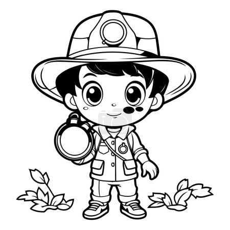 Téléchargez les illustrations : Illustration de bande dessinée en noir et blanc d'un pompier ou d'un pompier mignon pour livre à colorier - en licence libre de droit