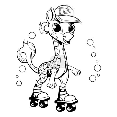 Illustration for Black and White Cartoon Illustration of Cute Giraffe Roller Skating Animal Character - Royalty Free Image
