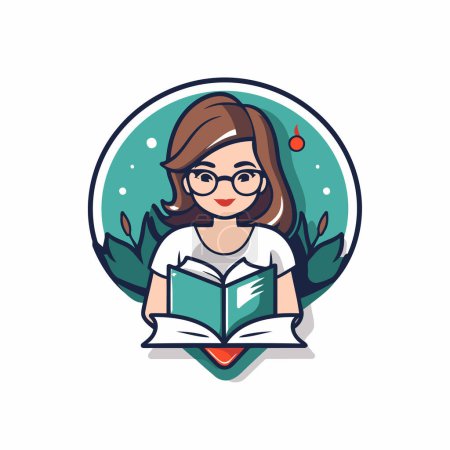 Illustration for Vector illustration of a girl in glasses reading a book. Vector illustration. - Royalty Free Image