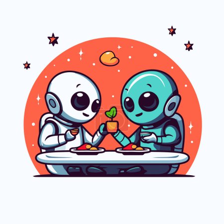 Ilustración de Astronauta y alienígena están sentados en la mesa. Ilustración vectorial. - Imagen libre de derechos