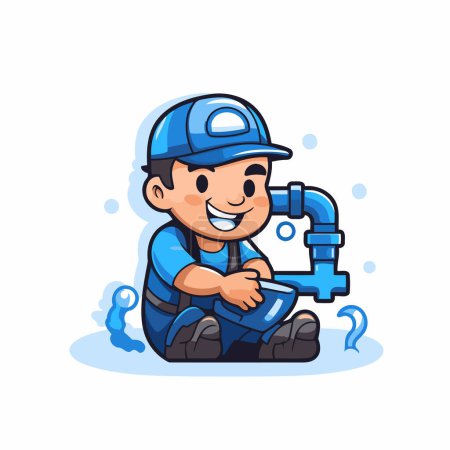 Illustration for Plumber cartoon character with water tap and question mark. Vector illustration. - Royalty Free Image