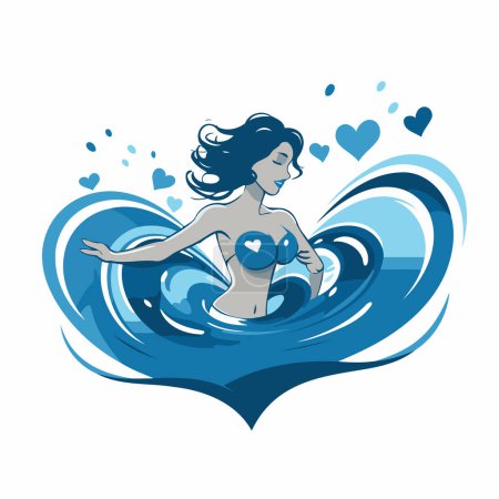 Illustration for Vector illustration of a girl swimming in the ocean with hearts in the background - Royalty Free Image