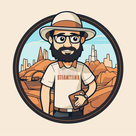 Téléchargez les illustrations : Voyageur hippie avec chapeau et lunettes. Illustration vectorielle dans un style rétro. - en licence libre de droit