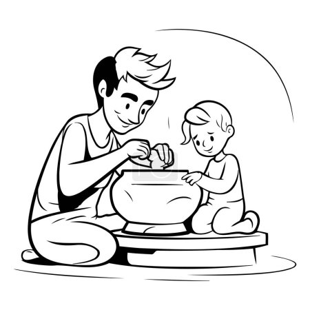 Illustration for Father and son playing in pottery. black and white vector illustration - Royalty Free Image